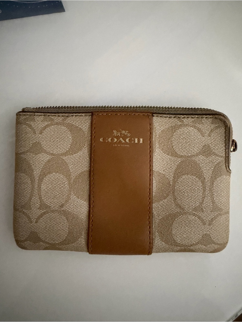 Coach Beige and Tan Signature Canvas Wristlet with Leather Stripe